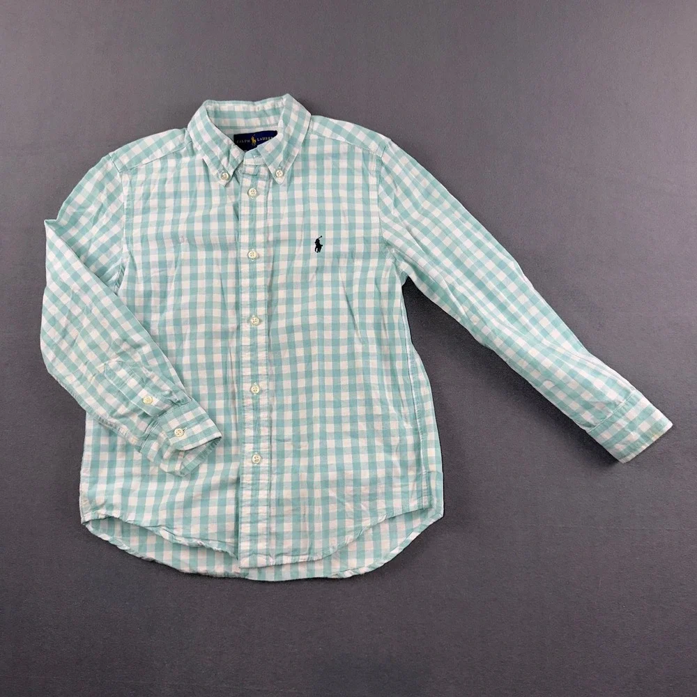Ralph Lauren Kids Teal Gingham Button Down Shirt Linen Blend Size 7 322785645002
